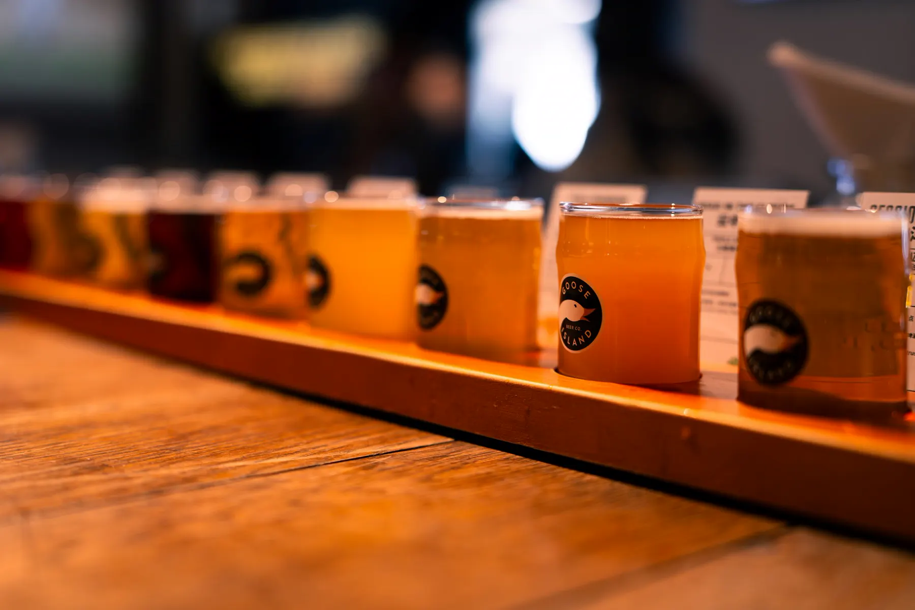 Tasting flight of Czech beers on the bar at Annie's in Prague Old Town