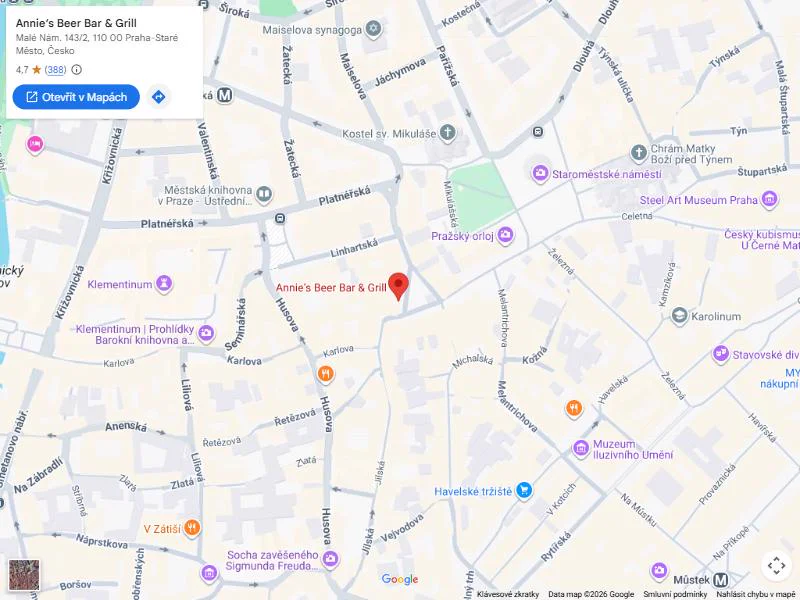 Mapa Starého Města s Annie's Beer Bar & Grill na Malém náměstí 2