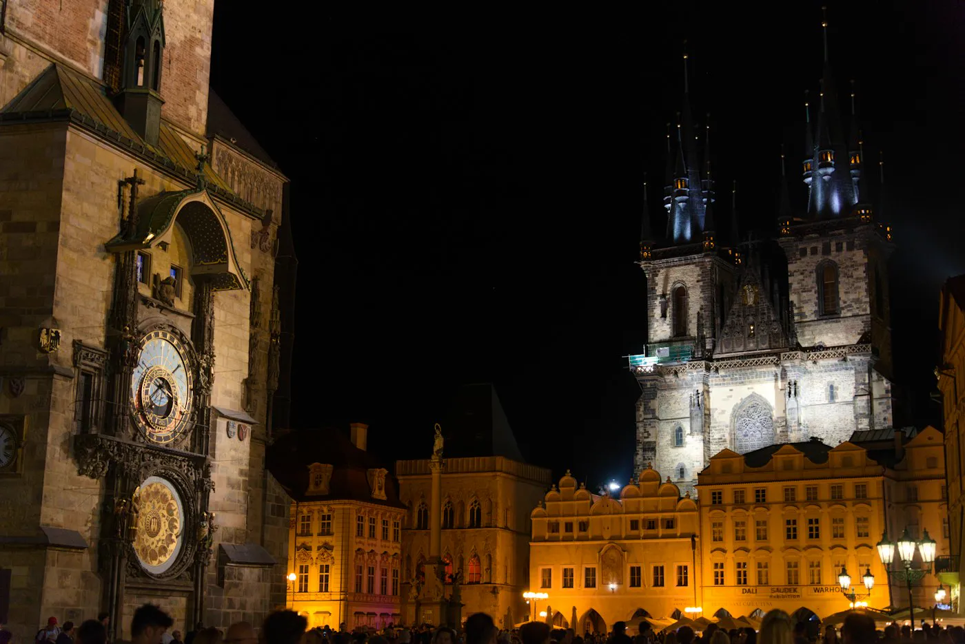 Astronomical Clock and Týn Church on Old Town Square at night
