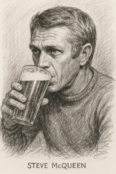 Steve McQueen drinking a beer, pencil sketch