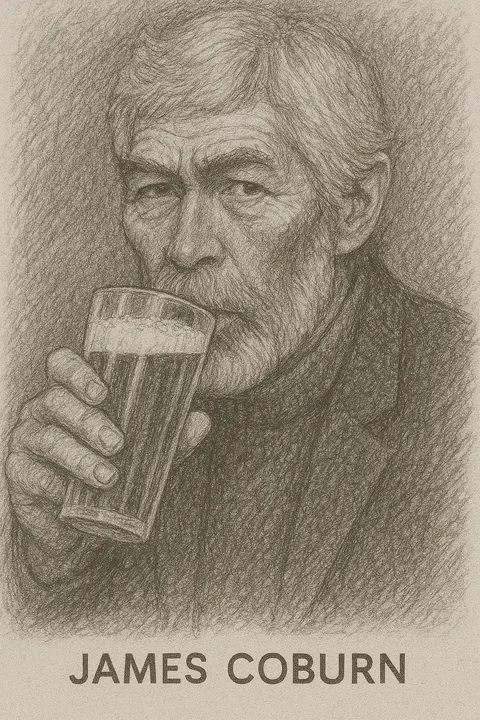 James Coburn drinking a beer, pencil sketch