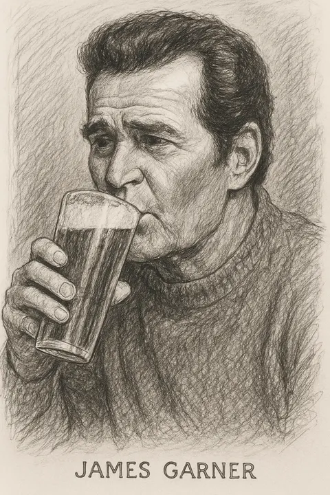 James Garner drinking a beer, pencil sketch