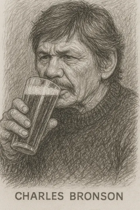 Charles Bronson drinking a beer, pencil sketch
