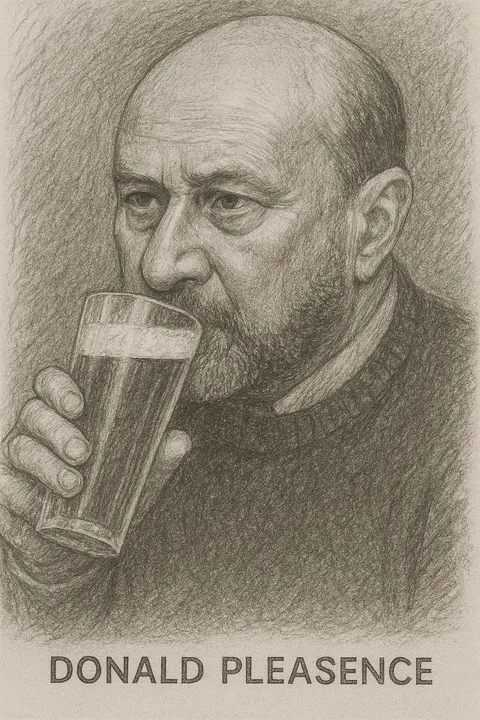 Donald Pleasence drinking a beer, pencil sketch
