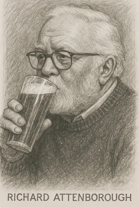 Richard Attenborough drinking a beer, pencil sketch