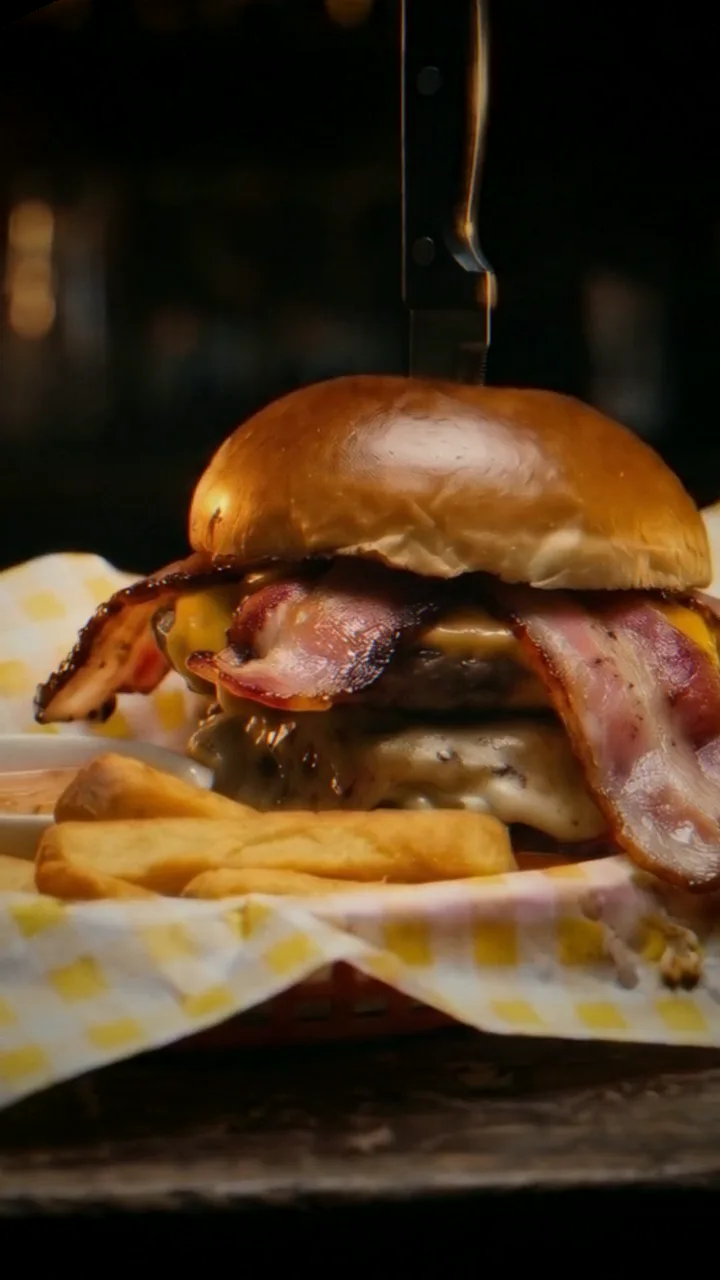 Annie's bacon cheeseburger with a steak knife in the bun and a pint of lager